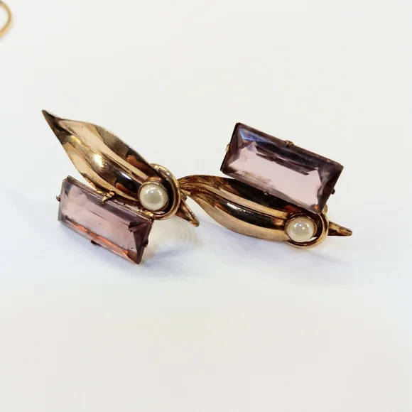 Vintage Gold Over Sterling Purple Stone Brooch And Earrings - Picture 3 of 5